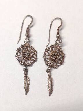 Harley Davidson Sterling Silver Dreamcatcher Feather Drop Earrings
